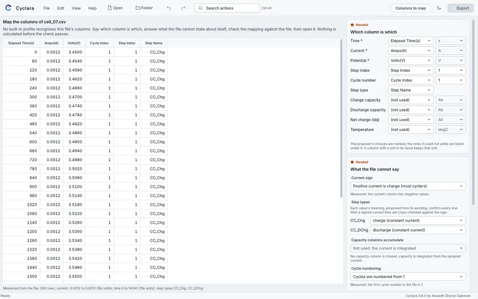 The import review page: the first rows of an unknown export, the proposed role and unit of each column, and the conventions to confirm
