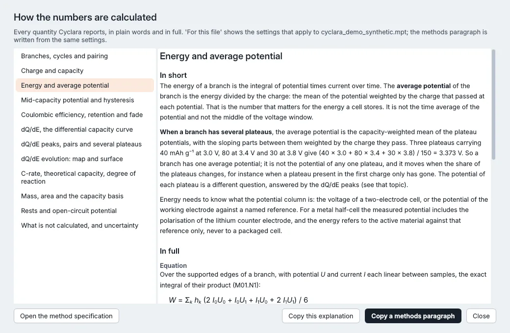 The window How the numbers are calculated, on the topic of energy and average potential, in plain words and in full
