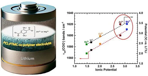 Graphical abstract of the ACS Applied Polymer Materials article: PCL-PTMC copolymer electrolyte with lithiated organic positive electrode materials